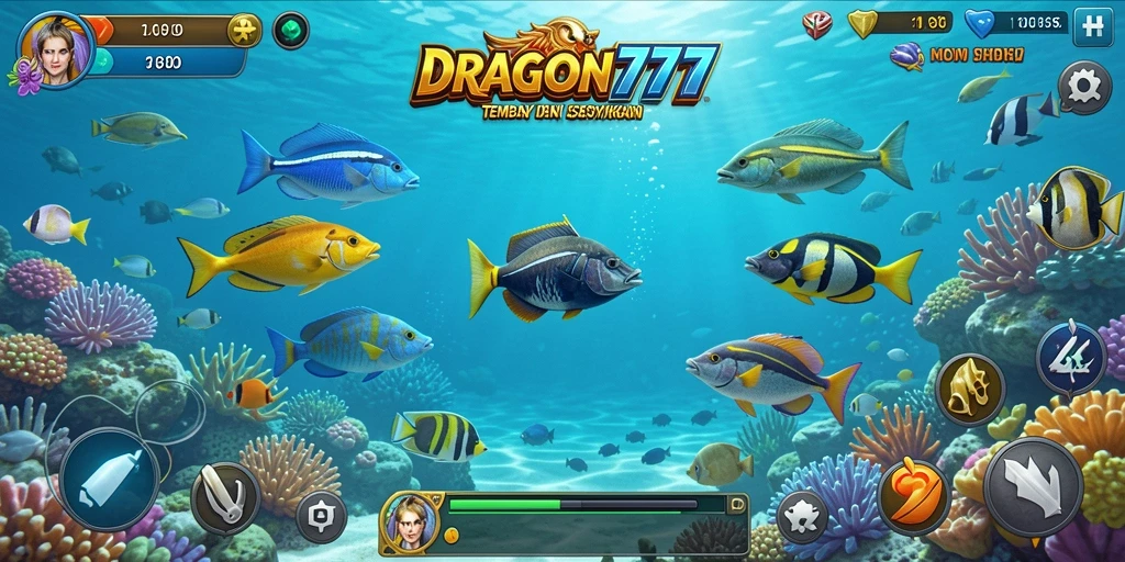 Tampilan gameplay seru dalam DRAGON777 saat menembak ikan.
