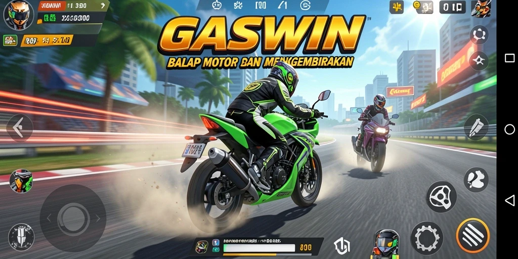 Screenshot utama GASWIN menampilkan aksi balap motor yang mendebarkan di trek menantang.