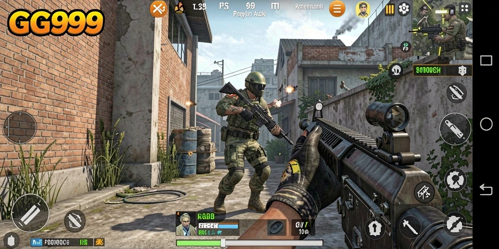Screenshot gameplay GG999 menampilkan pertarungan intens dalam arena FPS.