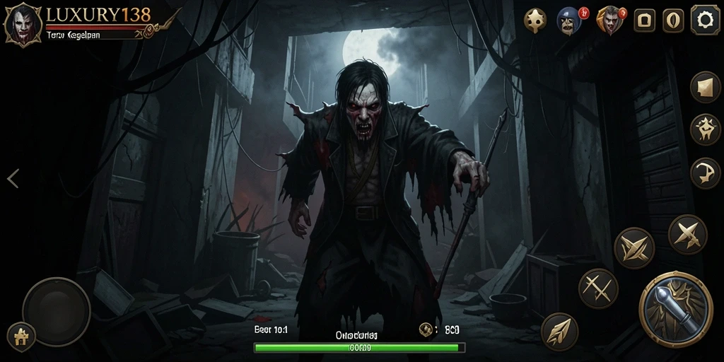 Screenshot gameplay LUXURY138 menampilkan suasana Horror yang mencekam.
