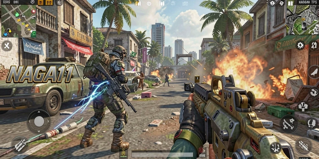 Tampilan gameplay NAGA11 menampilkan aksi seru dalam pertempuran TPS.